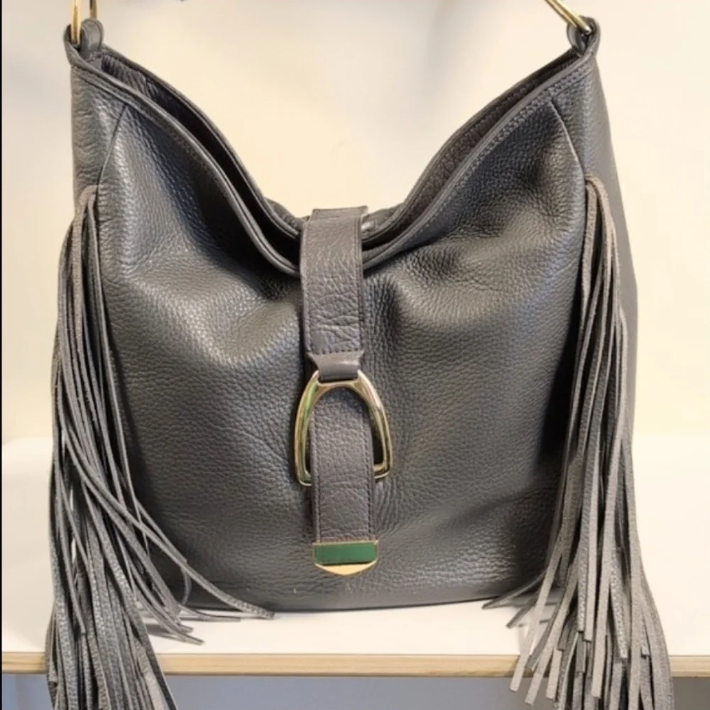 G.I.L.I. Gray Leather Hobo Bag Side Fringe Boho Western Festival Shoulder Bag